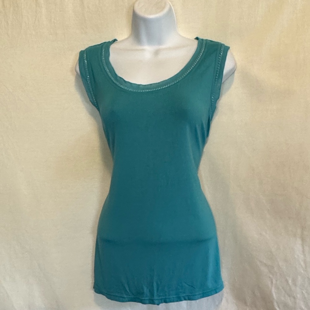 C-65 Tribal Teal Blue Sequin Detail Sleeveless Pullover Blouse Size L